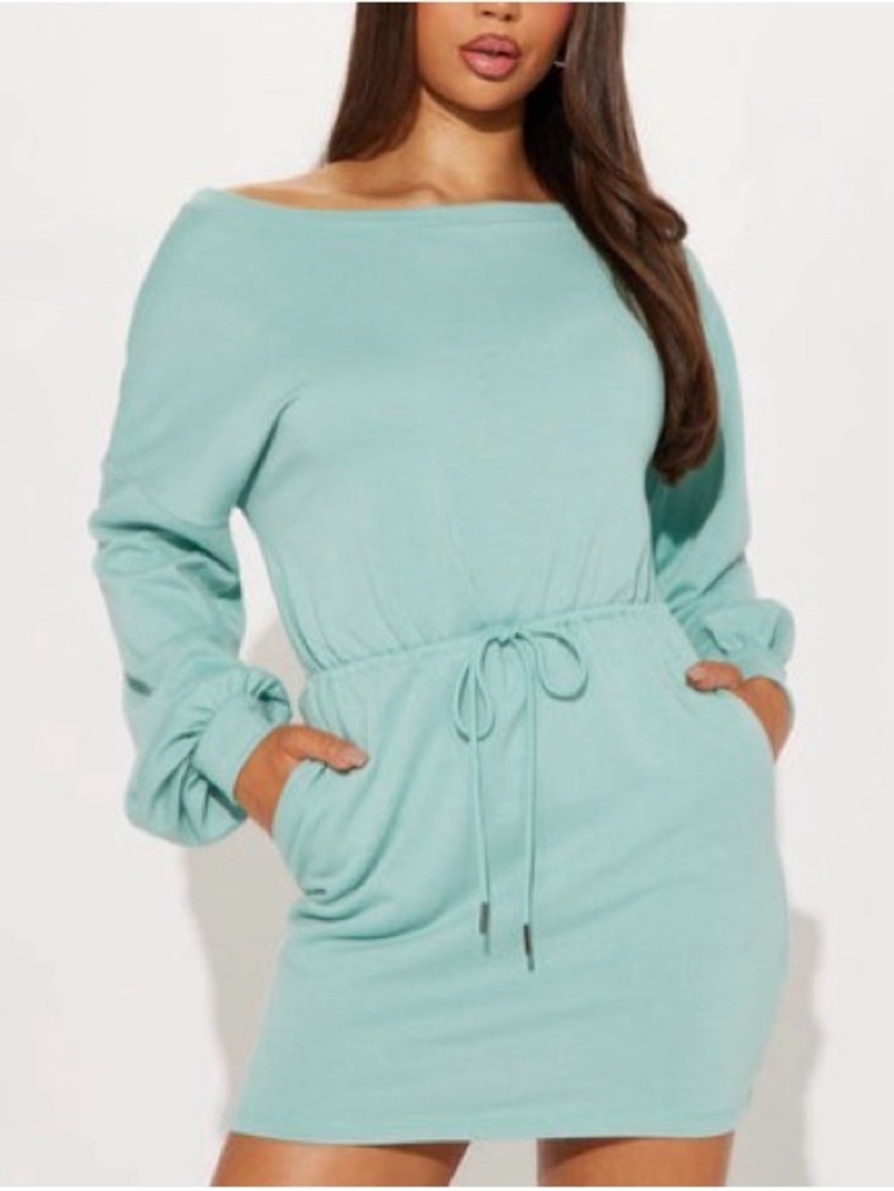 Off-Shoulder Drawstring Waist Mini Dress in Mint